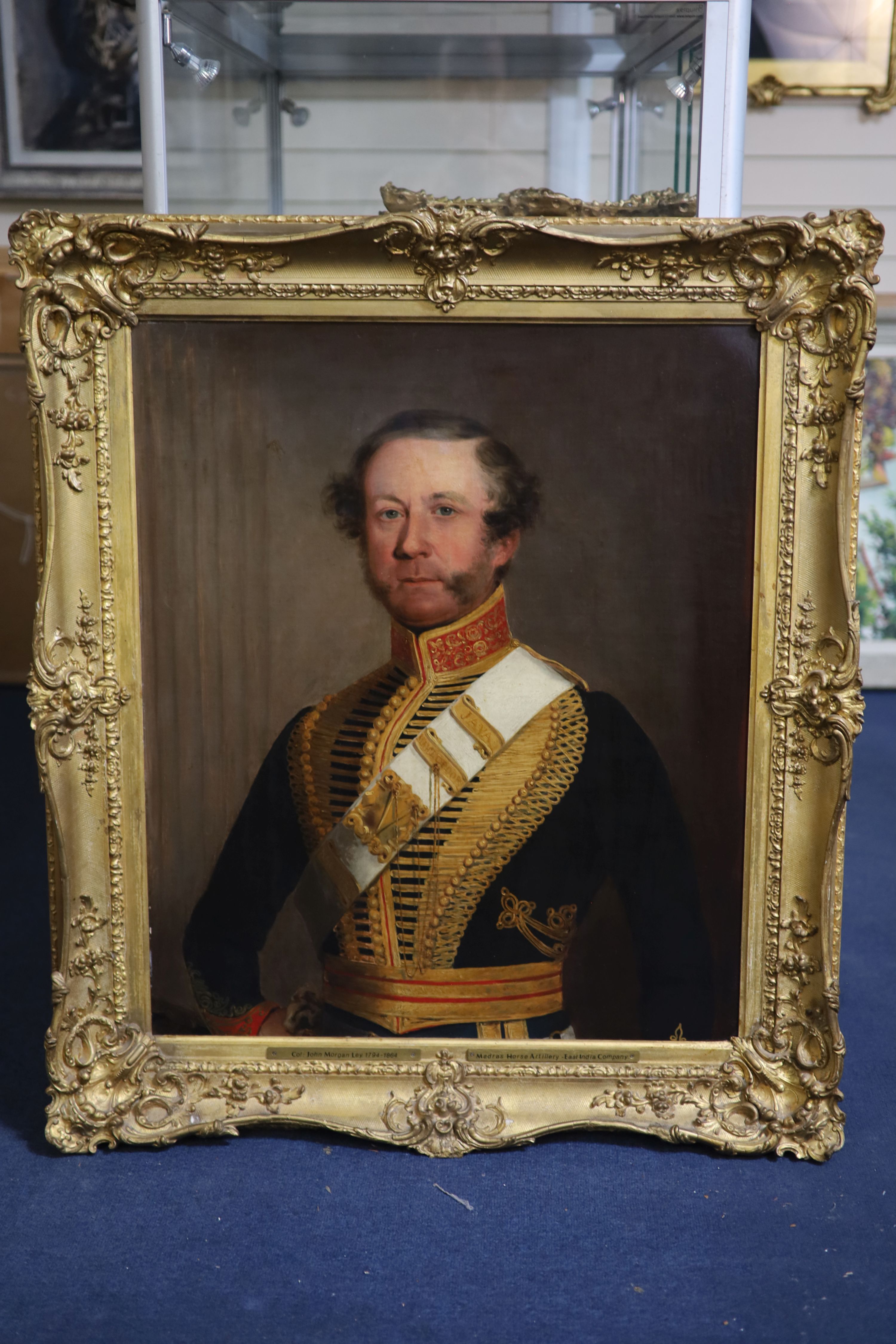 Victorian School , Portrait of Colonel John Morgan Ley (1794-1864), Madras Horse Artillery, East Indian Company, wearing sash with clasps for Java and Mahldroor, oil on board, 75.5 x 63cm